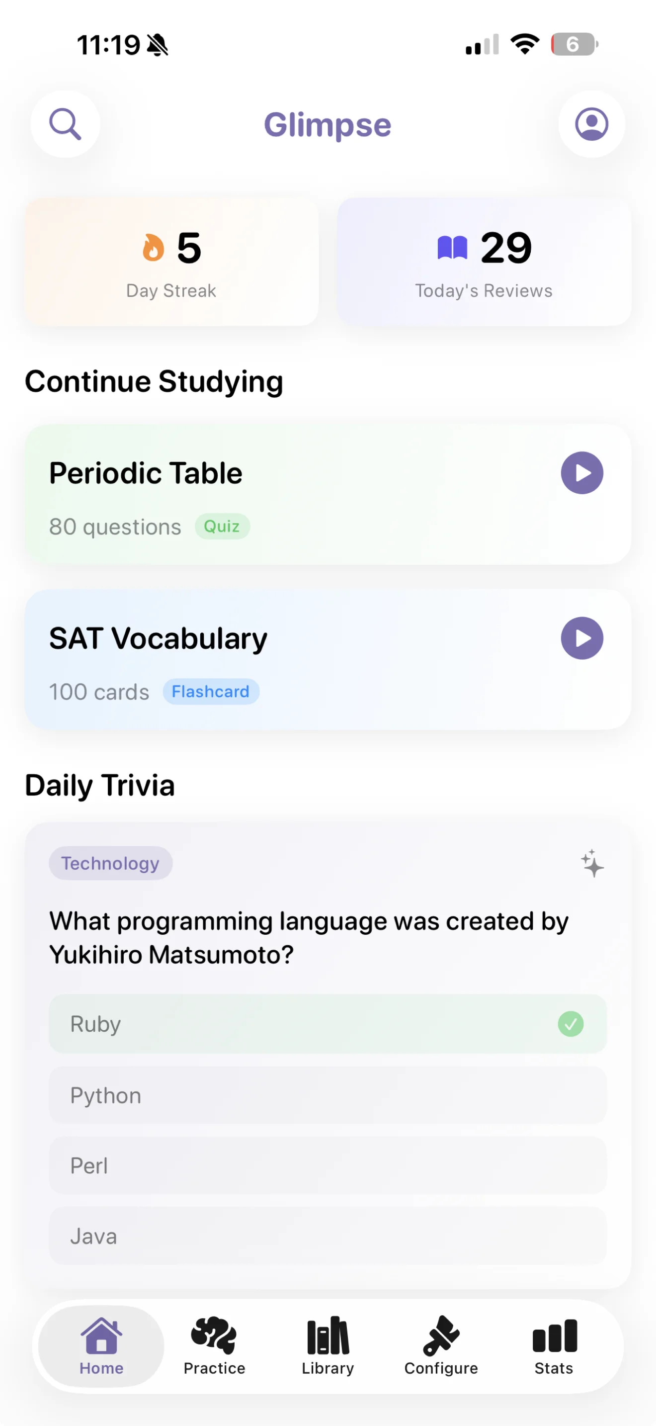 Glimpse iOS app home screen showing daily study streak, trivia question card, and flashcard deck shortcuts