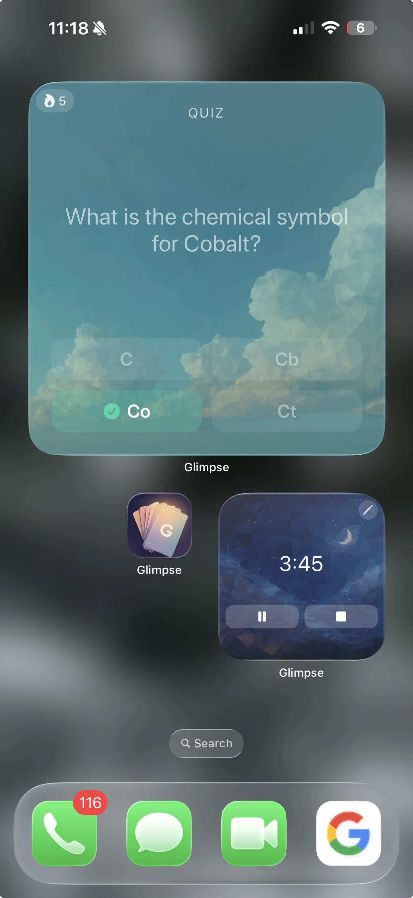 Glimpse multiple-choice quiz widget on an iPhone home screen for at-a-glance studying