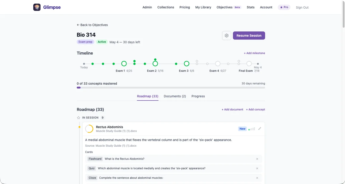 Glimpse web dashboard with exam timeline, milestone progress, and a spaced-repetition concept roadmap